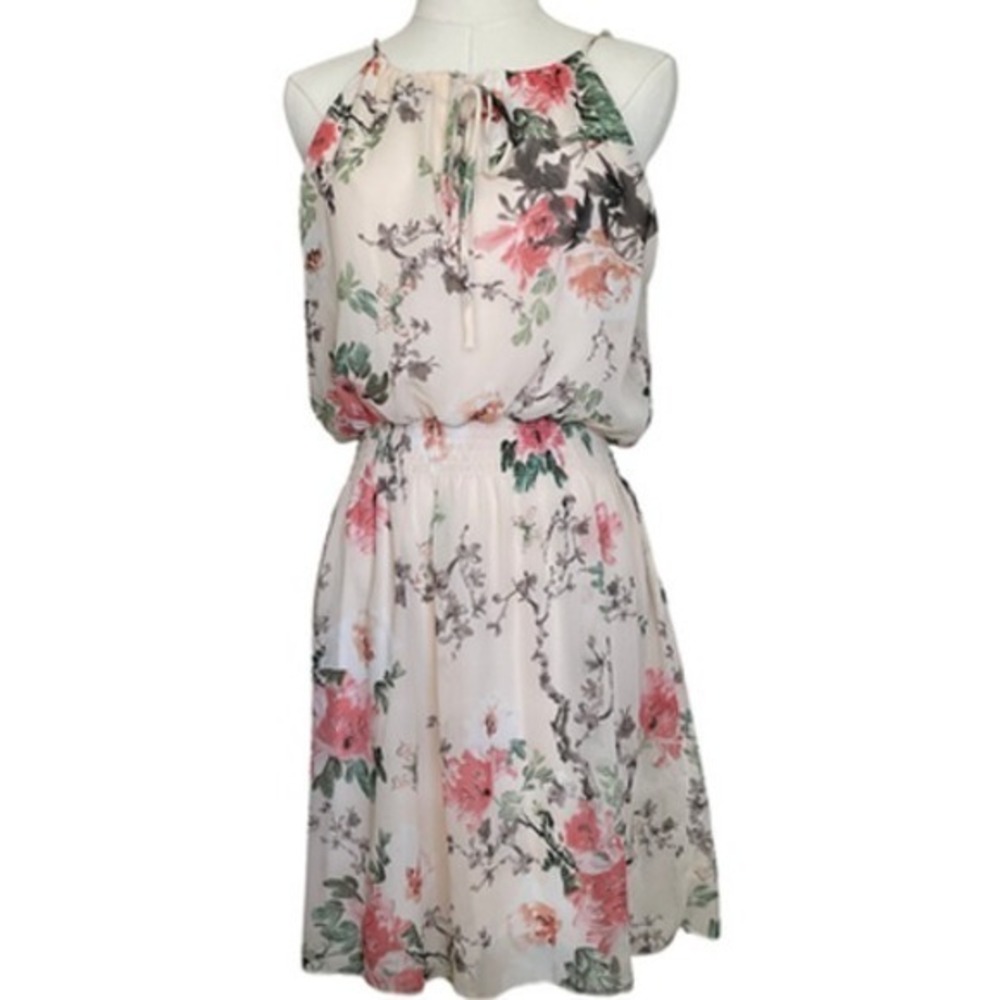 Sweet Storm Floral Halter Dress Cream Pink Smocked Waist Large Wedding Guest - Picture 4 of 12